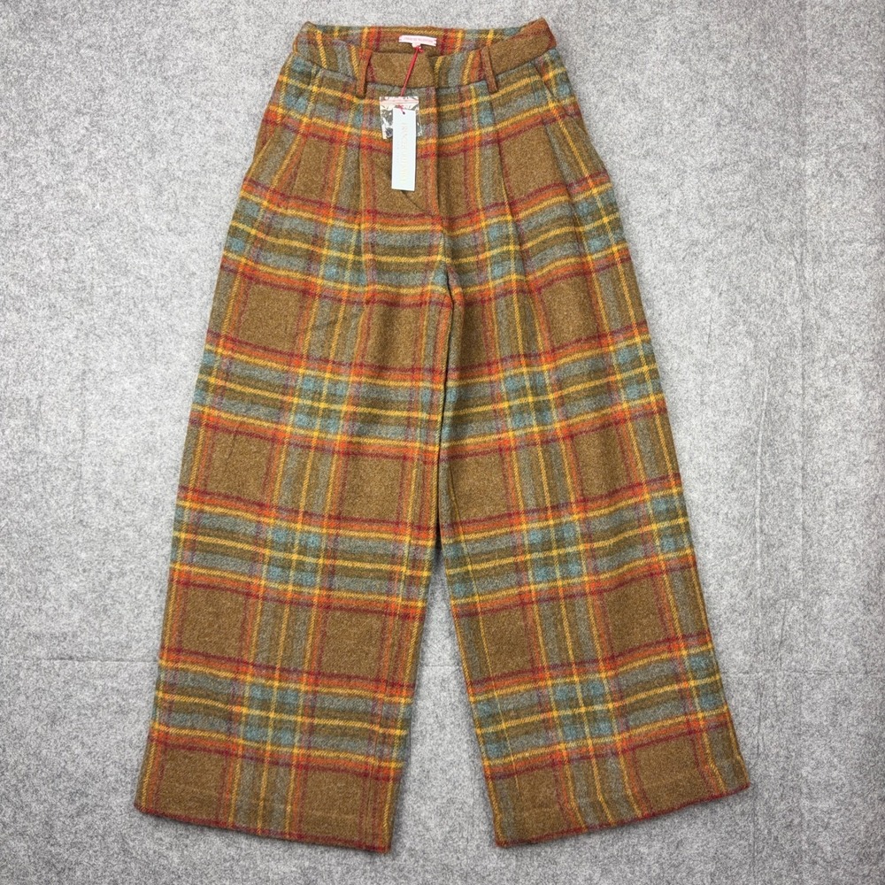 Frances Valentine Pants Women 2 Brown Andrews Plaid Bossy Wide Leg 100% Wool NEW